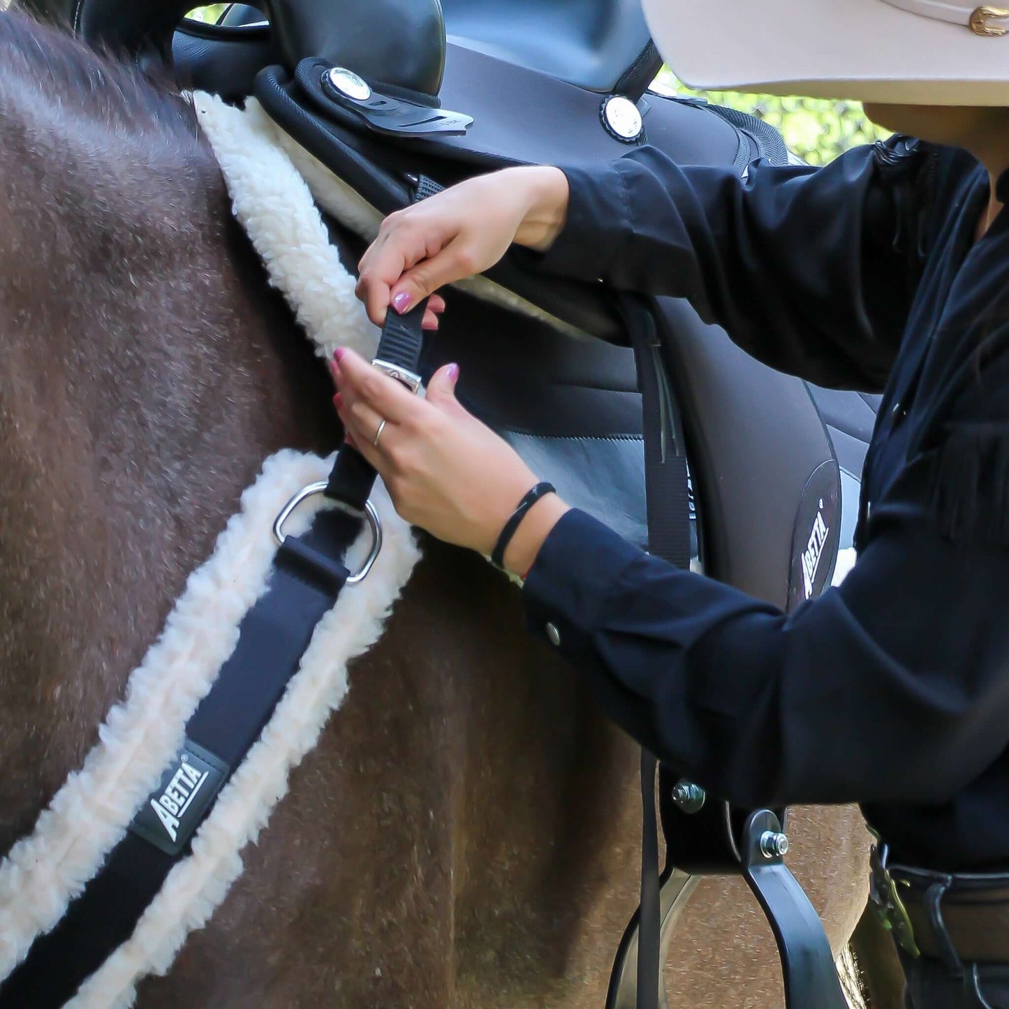 Abetta Fleece Breast Collar - Regular & Draft Horses - putting on horse