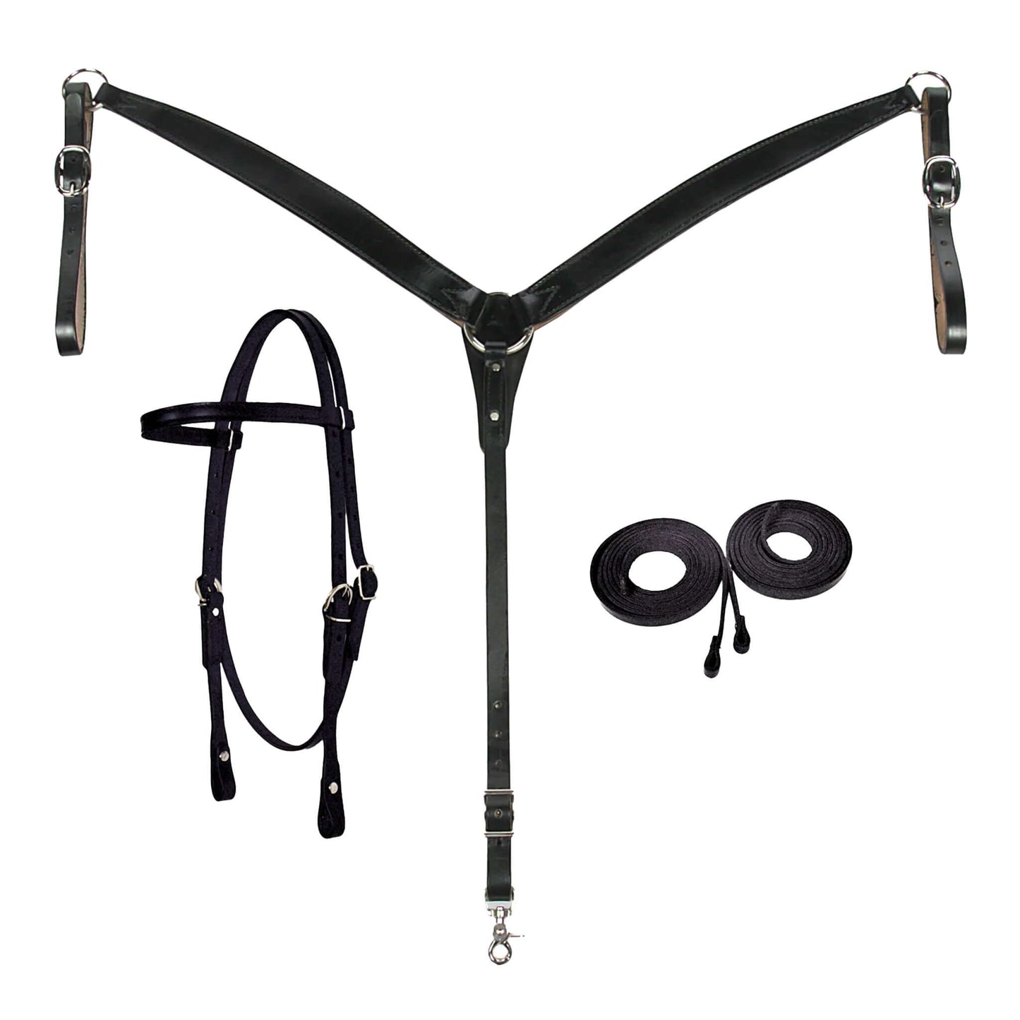 Fabtron Leather Headstall, Breast Collar & Reins Combo Set - black color - SKU 70243-B