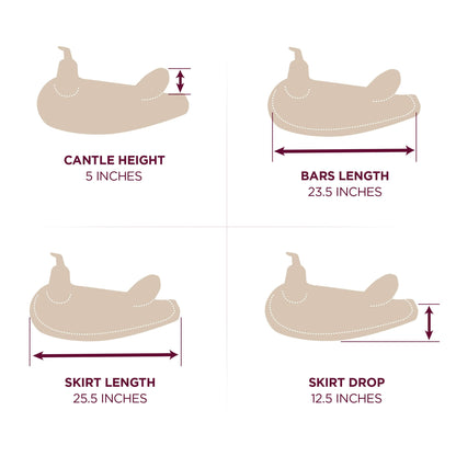 Abetta Draft Comfort Trail Saddle - cantle height, bars length, skirt length, skirt drop dimensions