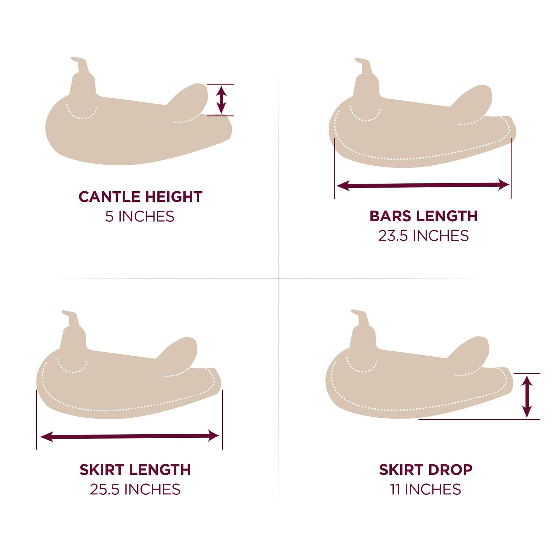 Abetta Draft Comfort Trail Saddle - cantle height, bars length, skirt length, skirt drop dimensions