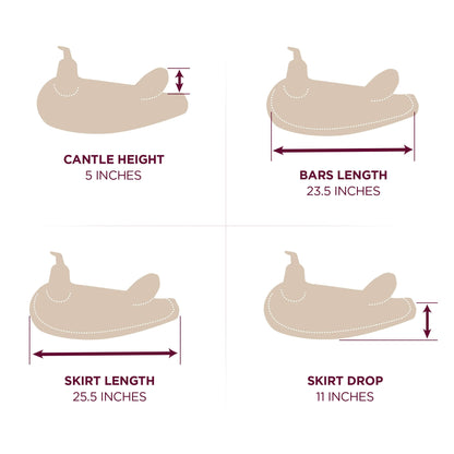 Abetta Draft Comfort Trail Saddle - cantle height, bars length, skirt length, skirt drop dimensions