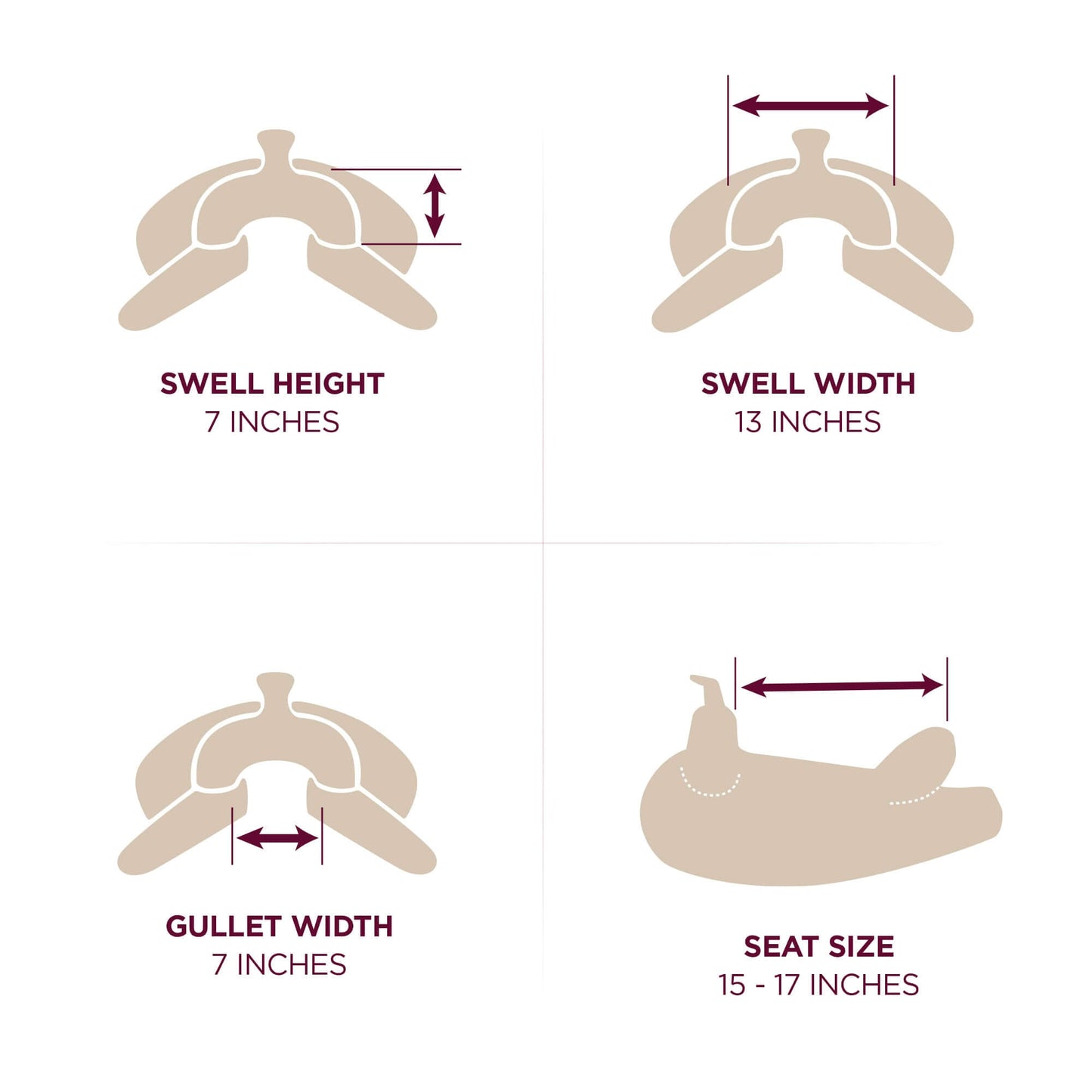 Abetta Draft Comfort Trail Saddle - Semi QH Bars - swell height, swell width, gullet width, seat size dimensions