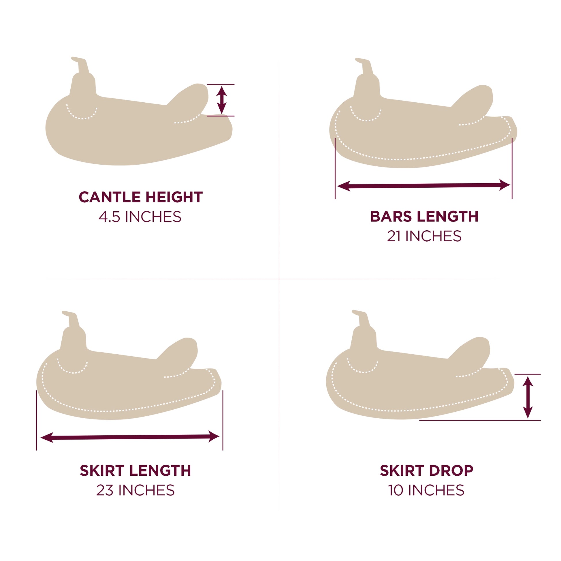 Abetta Adjustable Panels Saddle - cantle height, bars length, skirt length, skirt drop dimensions - SKU 20581-5-BK, SKU 20581-7-BK
