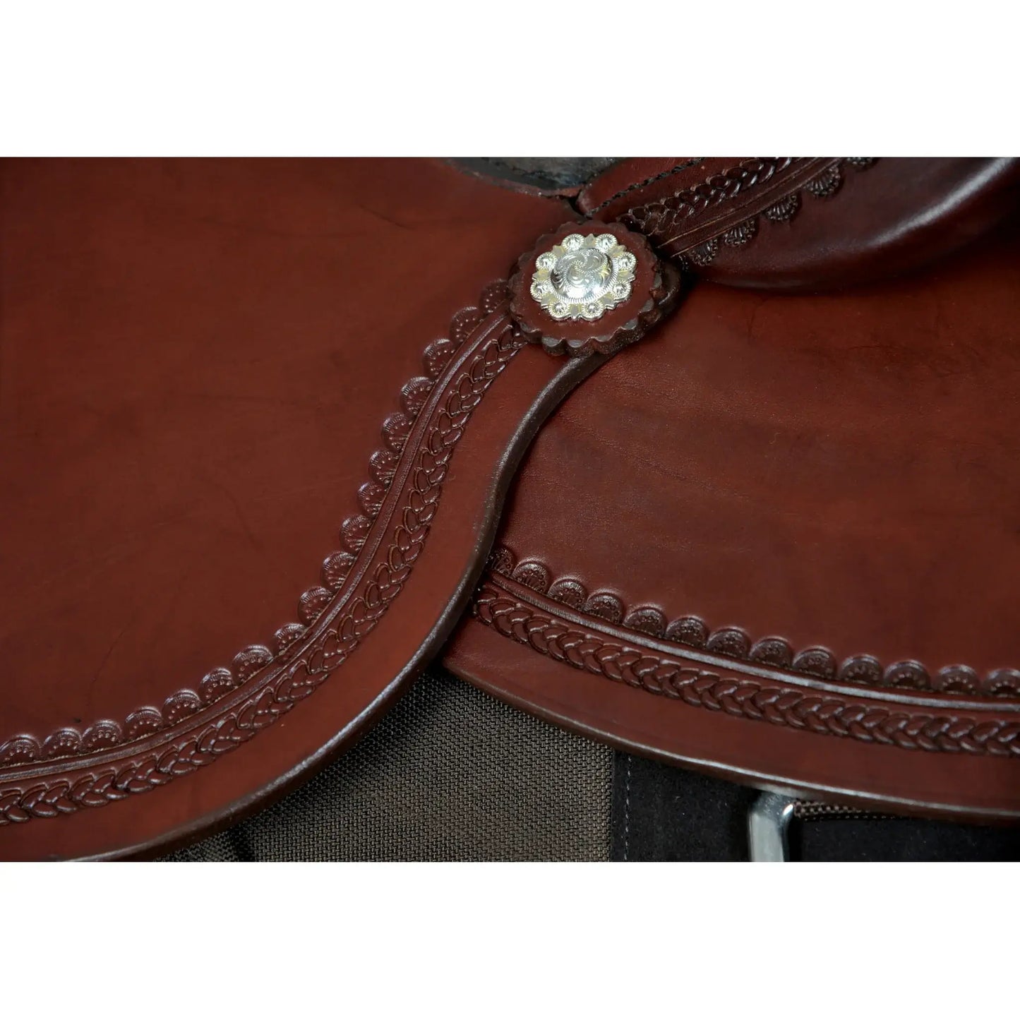 Fabtron Supreme Lady Trail Saddle - detail of engraving and concho - SKU 7952, SKU 7954, SKU 7956